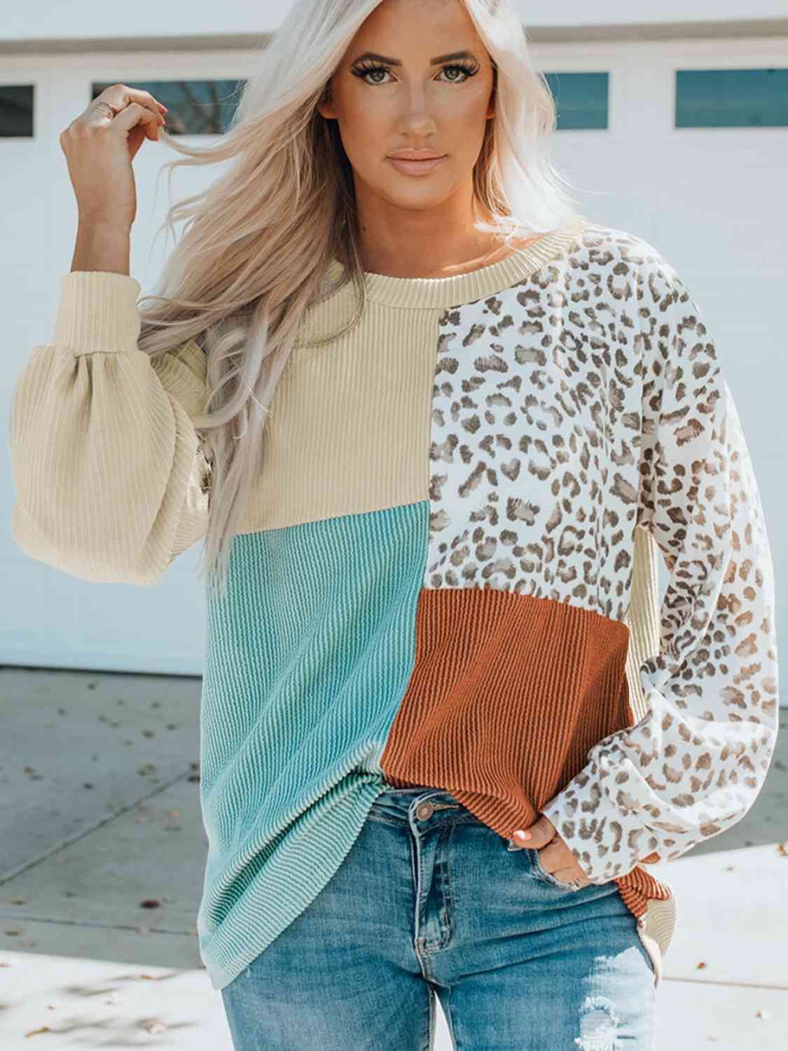 Color Block Leopard Round Neck Blouse