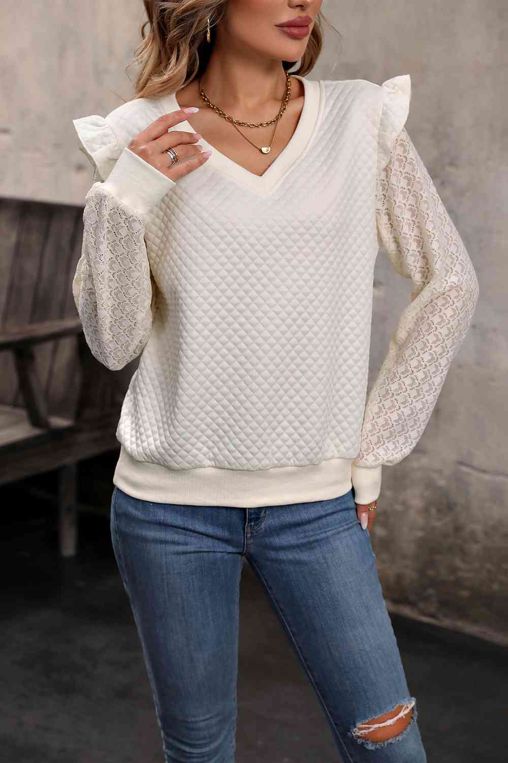 V-Neck Ruffle Trim Long Sleeve Blouse
