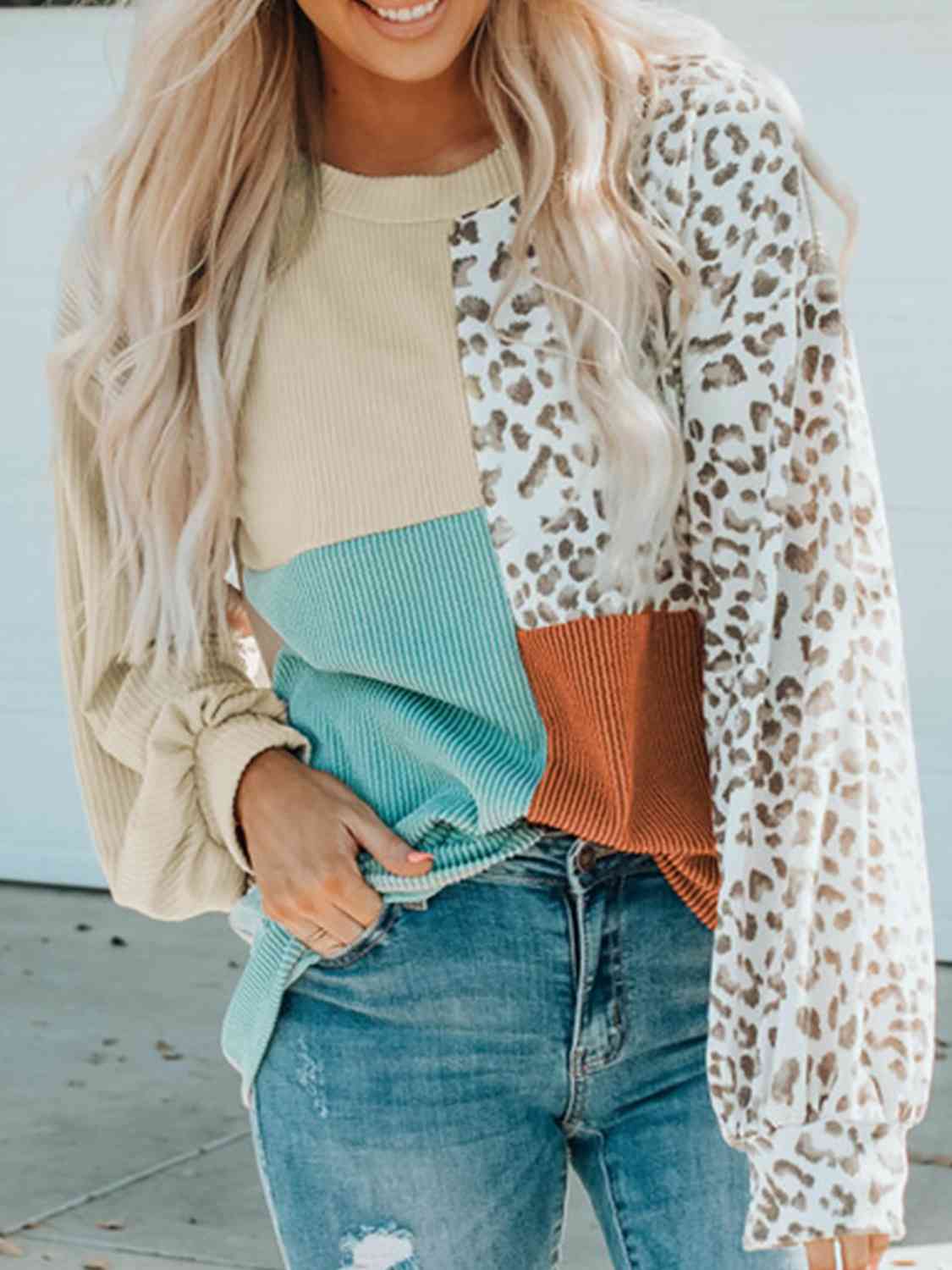 Color Block Leopard Round Neck Blouse