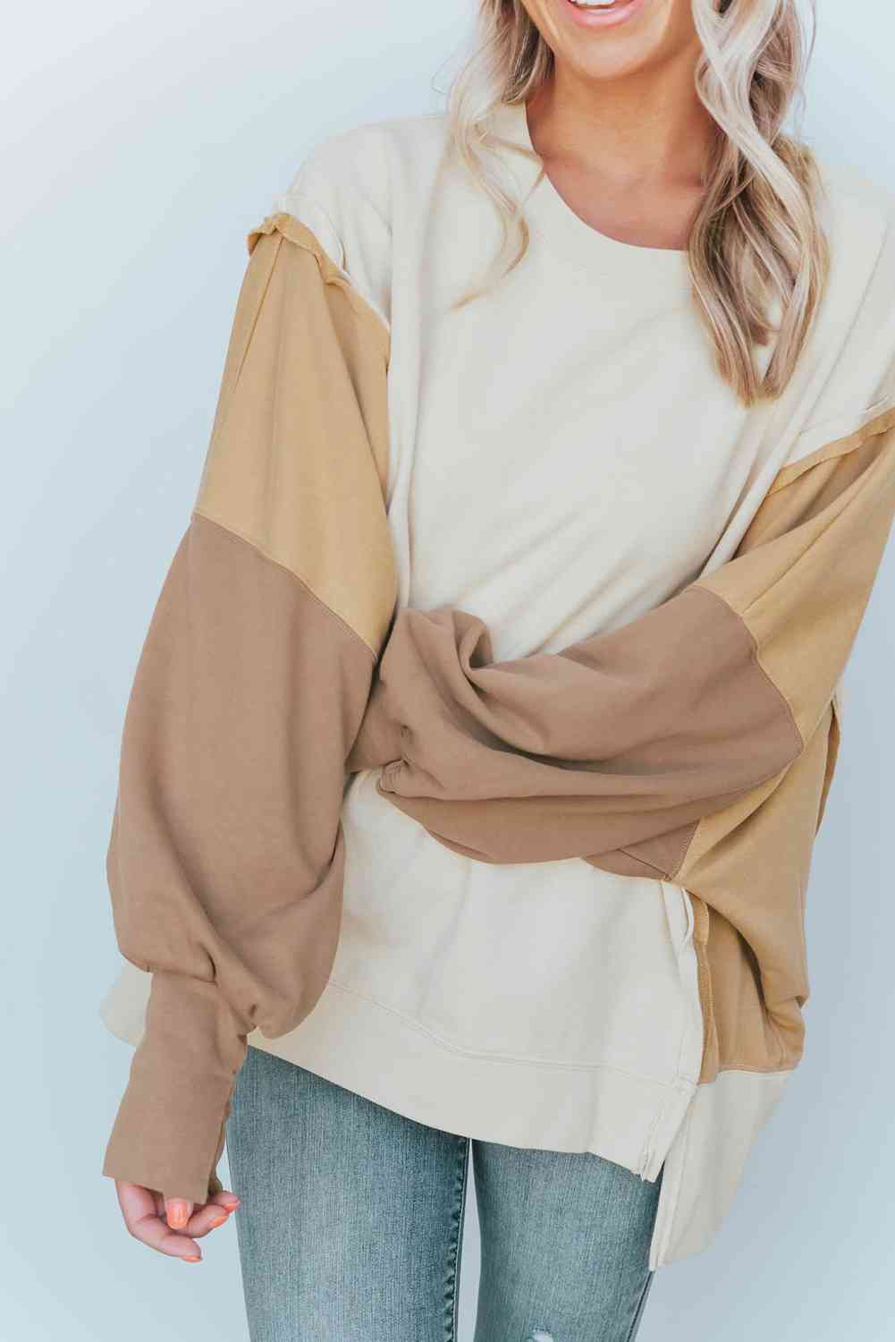 Color Block Lantern Sleeve Sweater