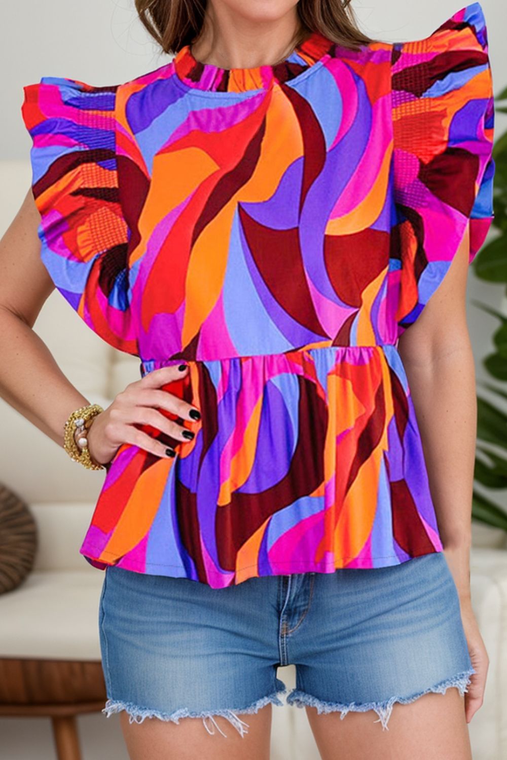 Ruffled Printed Mock Neck Cap Sleeve Blouse