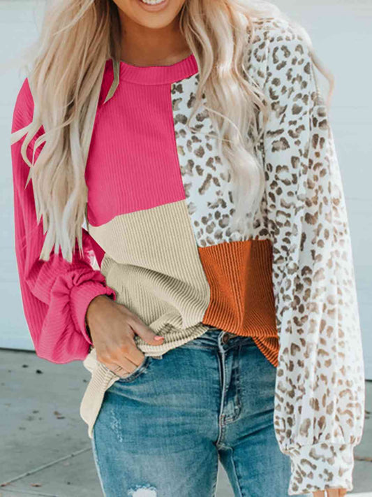 Color Block Leopard Round Neck Blouse