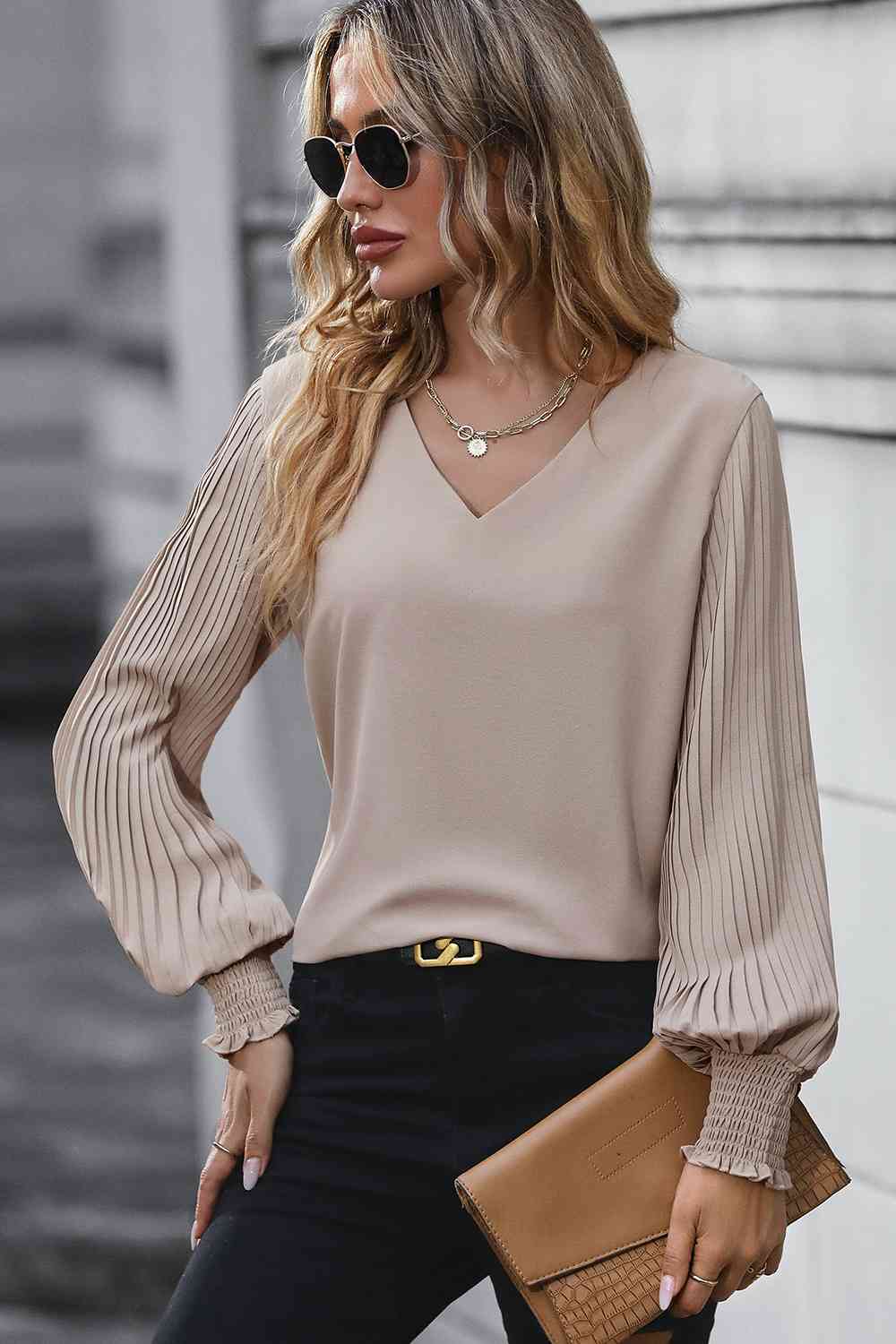 Pleated Lantern Sleeve V-Neck Blouse