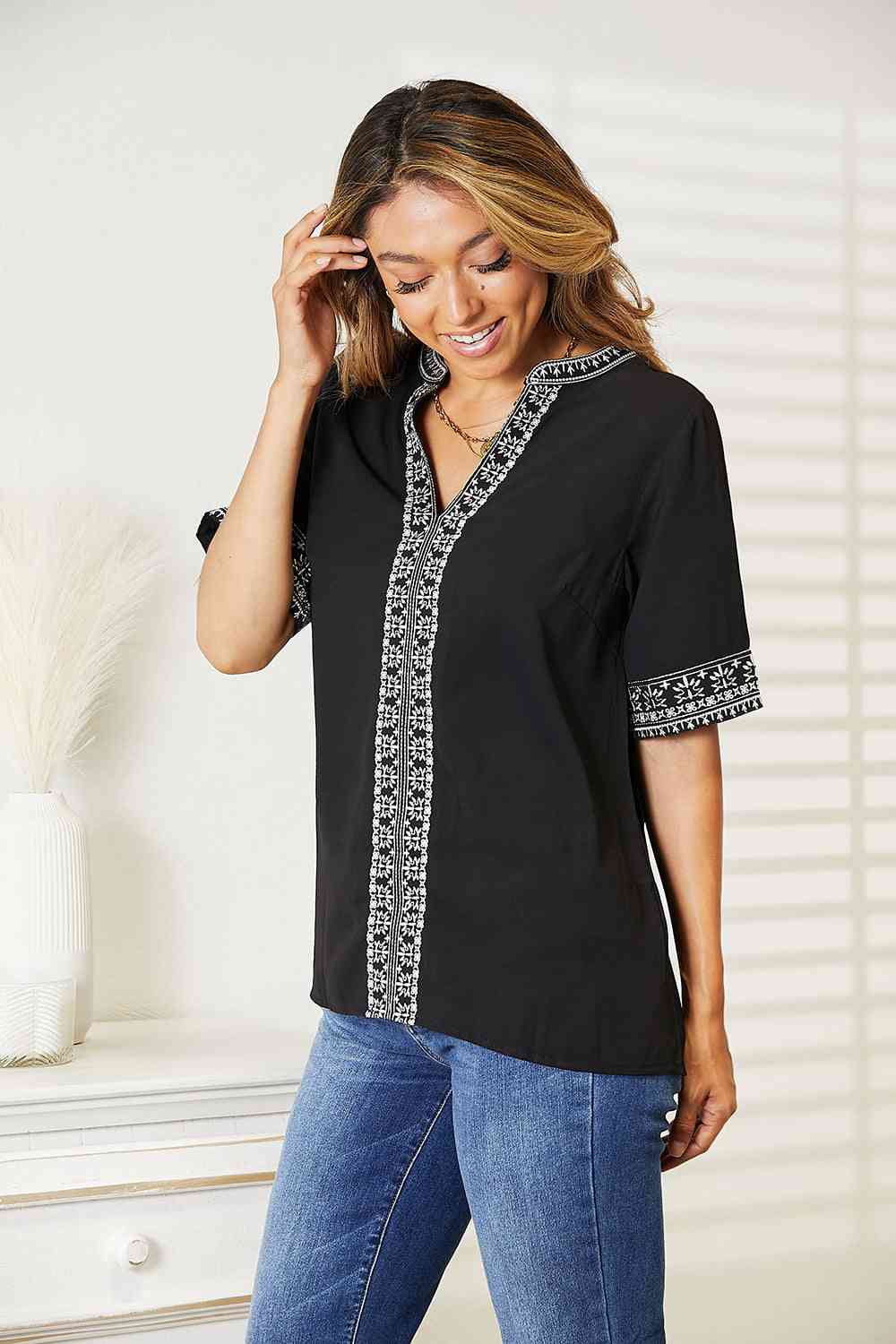 Double Take Embroidered Notched Neck Top