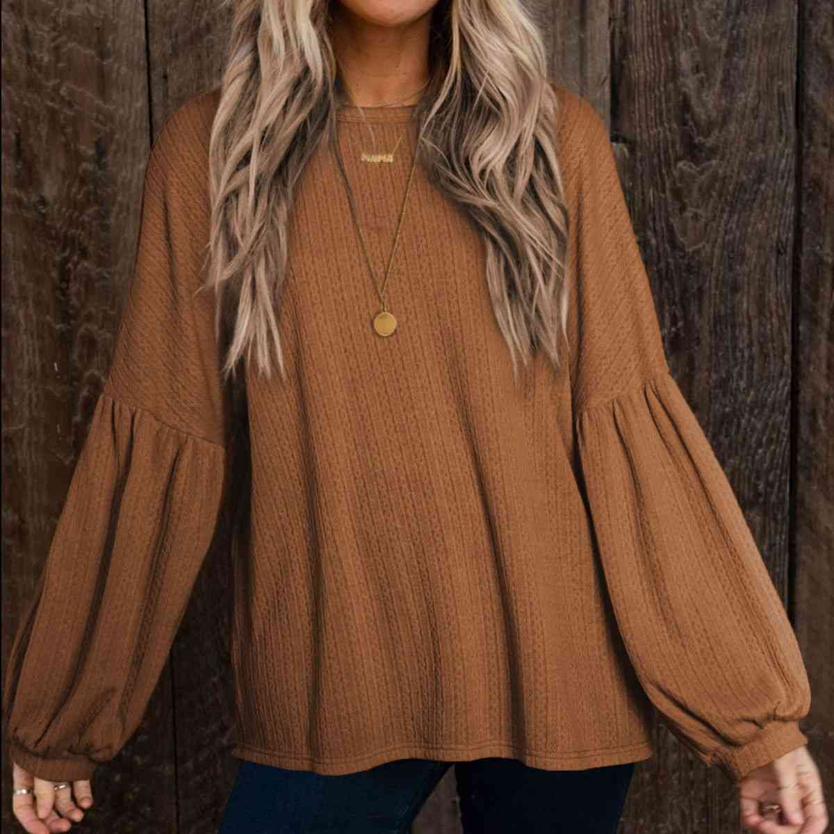 Round Neck Long Sleeve Ruched Blouse