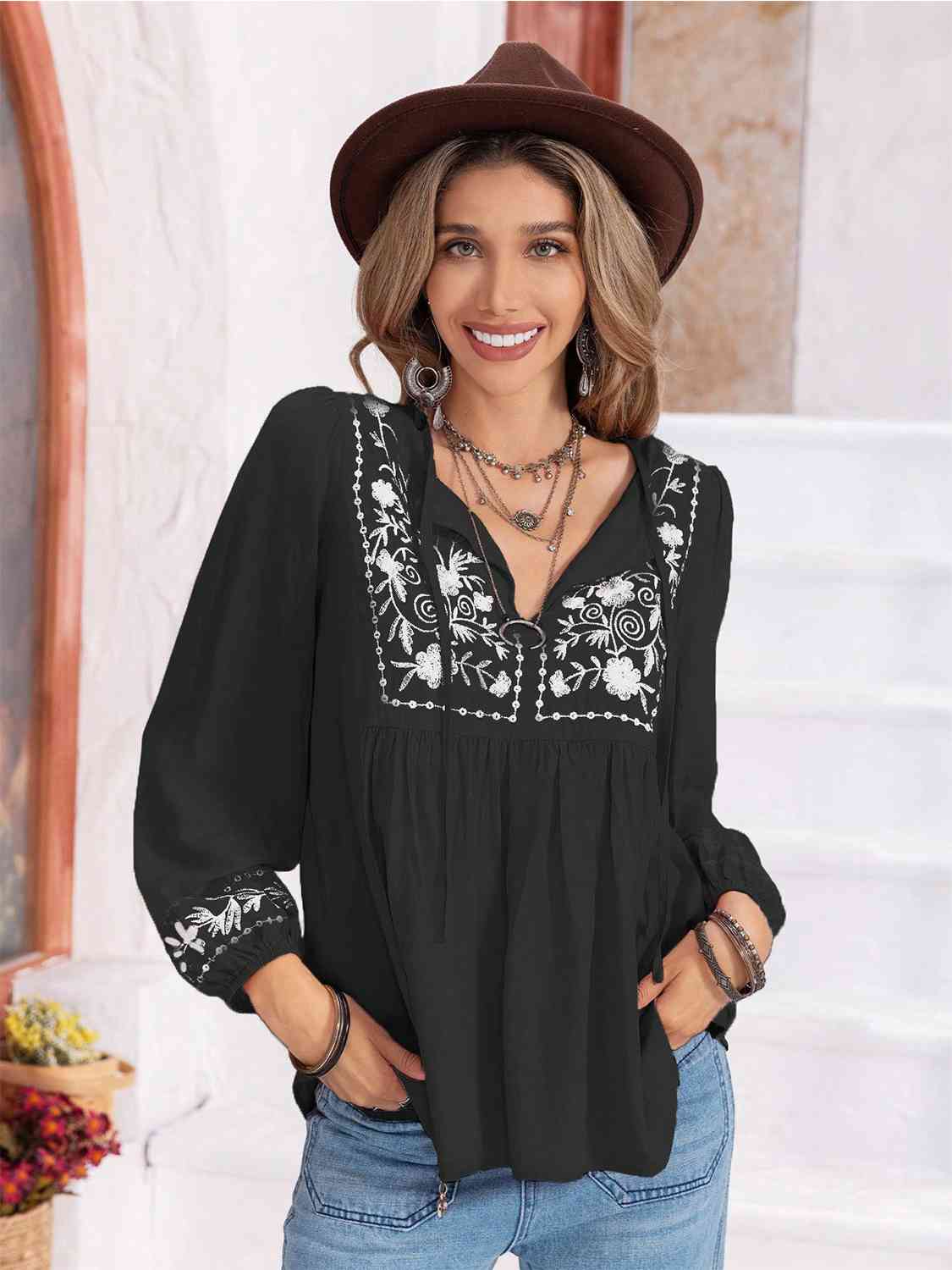 Floral Tie Neck Balloon Sleeve Blouse