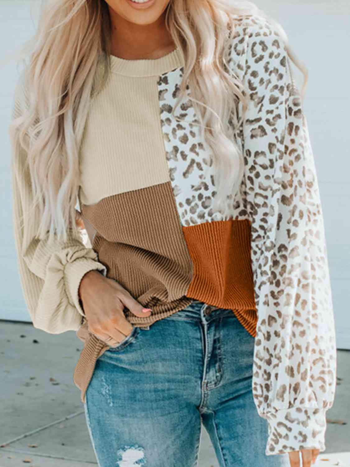 Color Block Leopard Round Neck Blouse