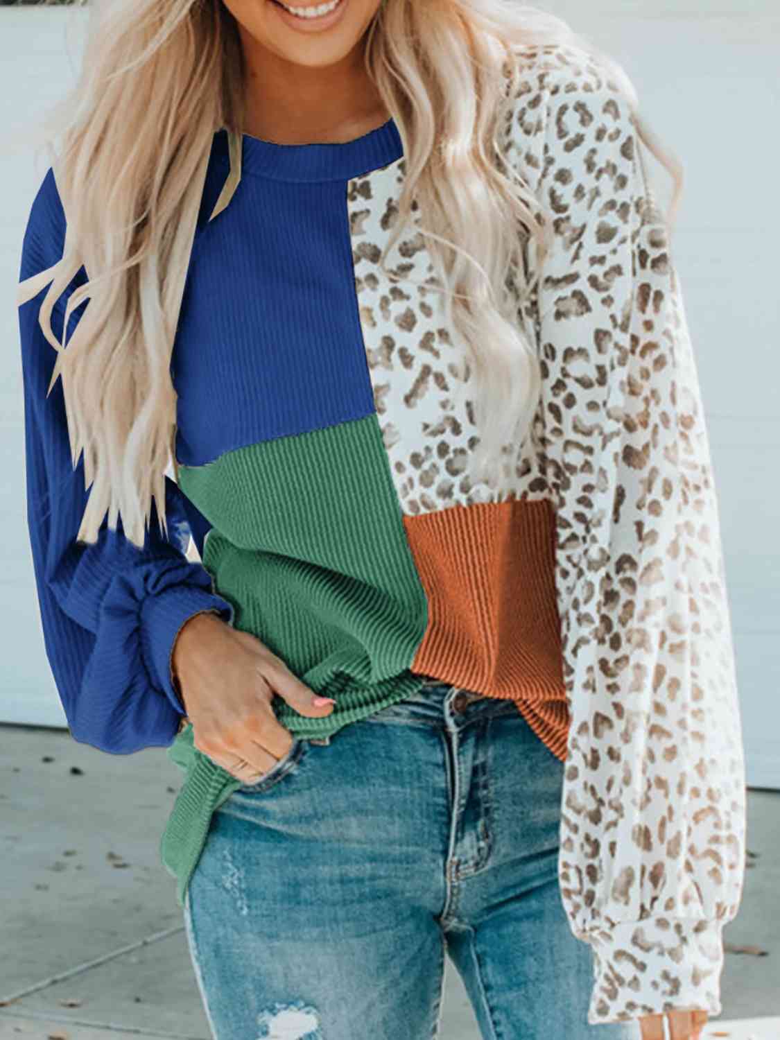 Color Block Leopard Round Neck Blouse