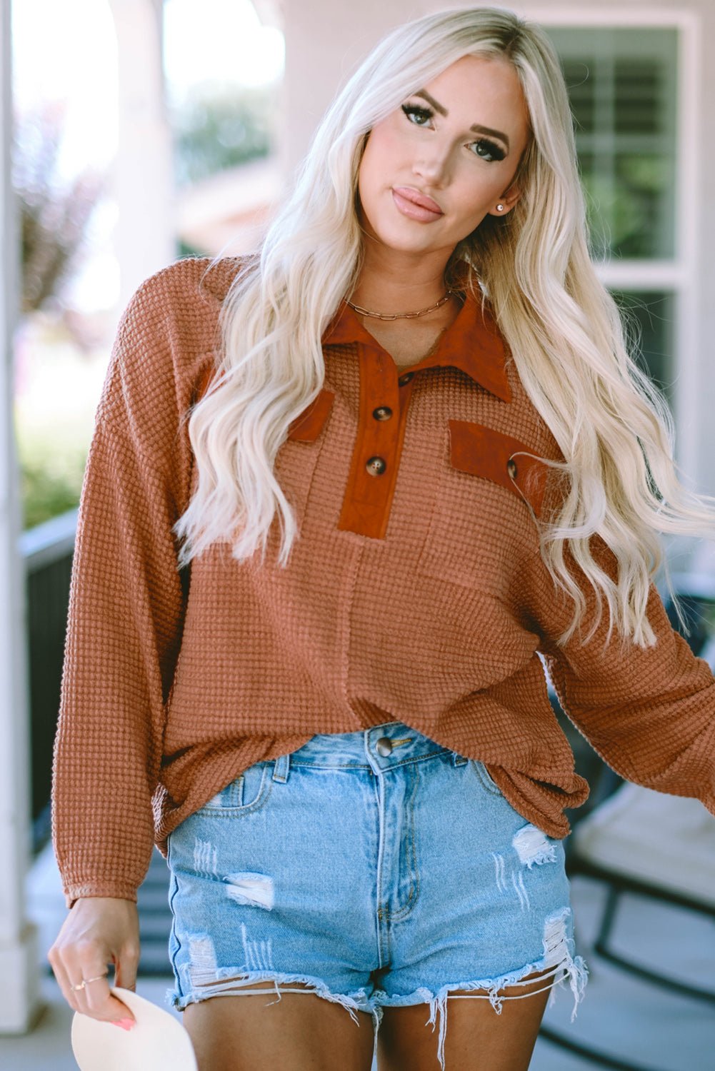 Half-Button Collared Long Sleeve Top